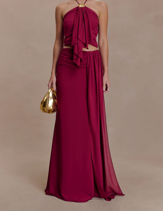 Conjunto Halter Vino Falda Larga (Ref. 1019)