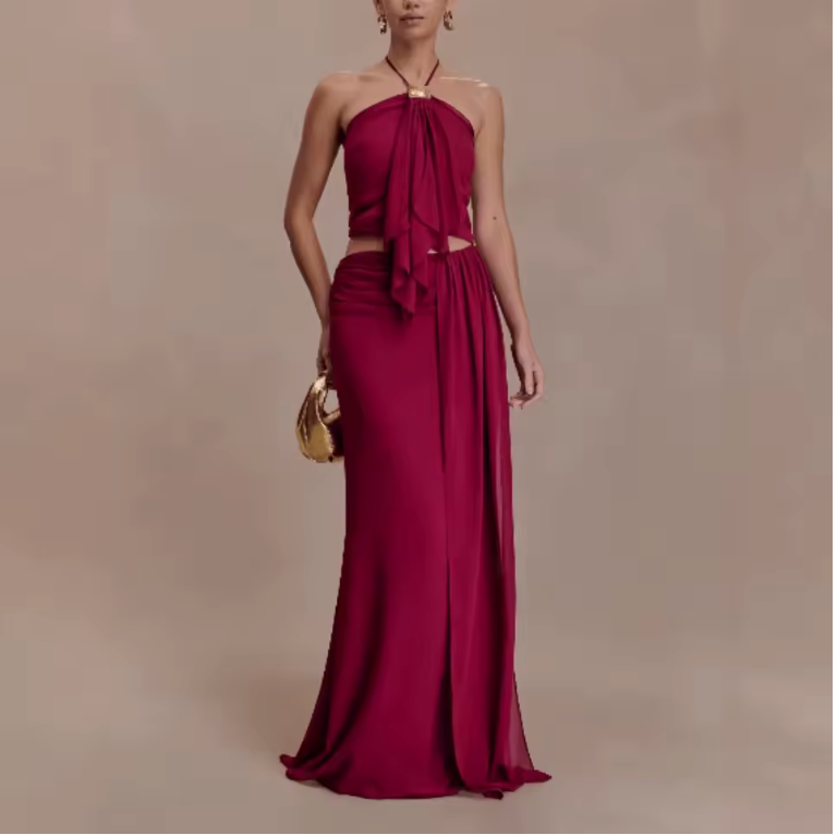 Conjunto Halter Vino Falda Larga (Ref. 1019)