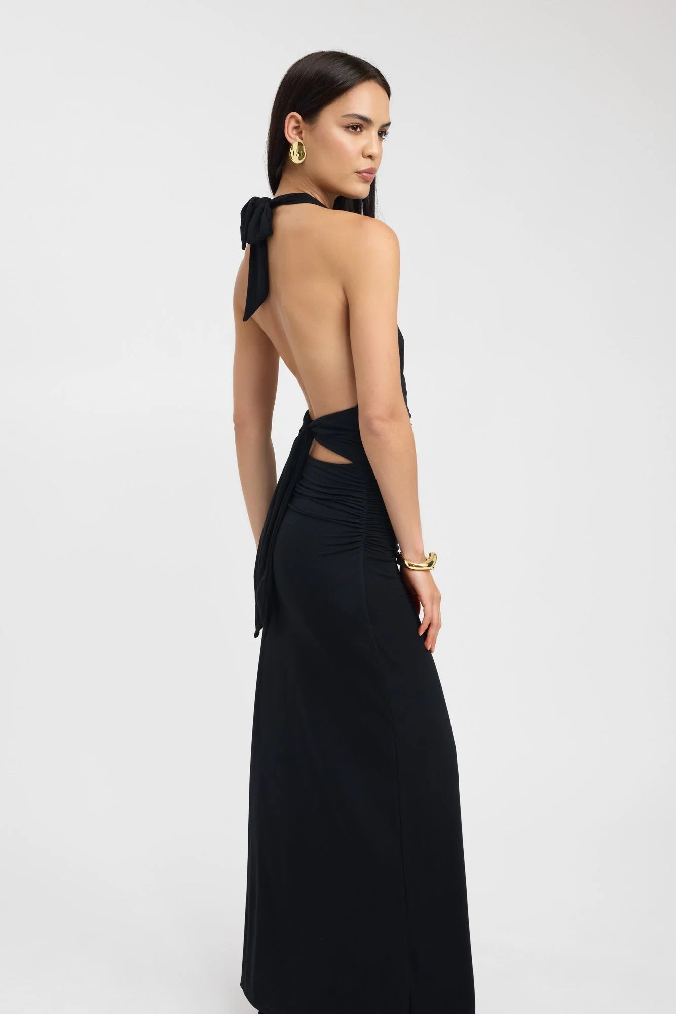 Vestido Maxi Halter Negro Fruncido