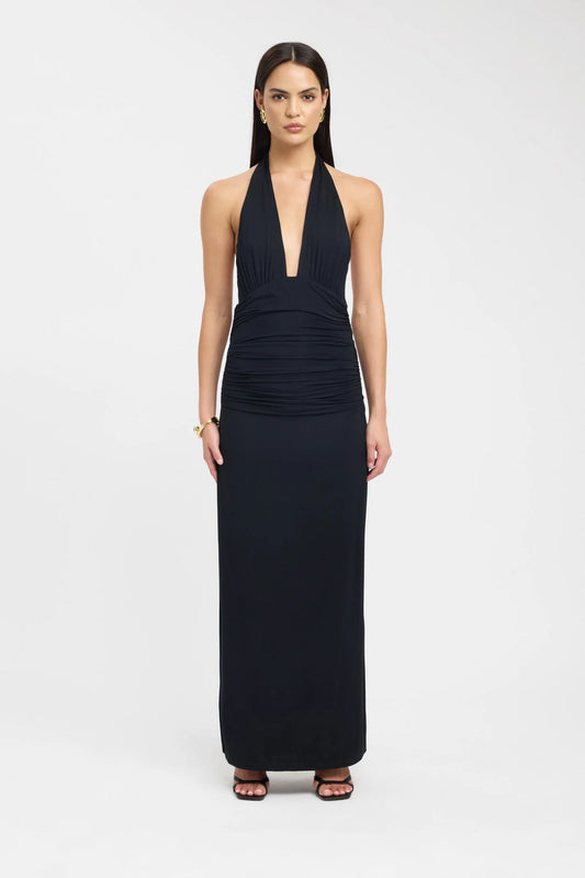 Vestido Maxi Halter Negro Fruncido