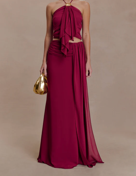 Conjunto Halter Vino Falda Larga (Ref. 1019)