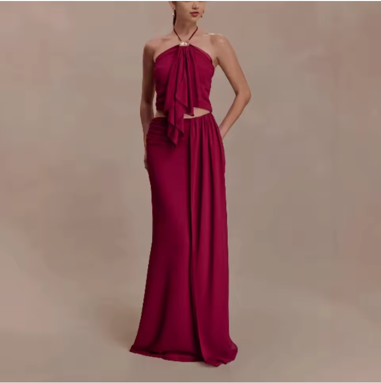 Conjunto Halter Vino Falda Larga (Ref. 1019)