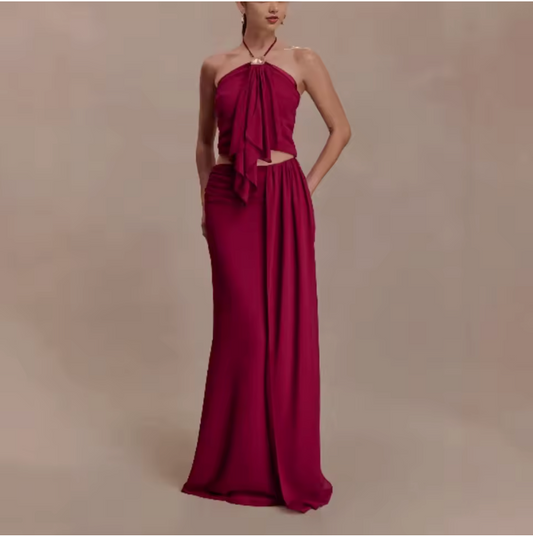 Conjunto Halter Vino Falda Larga (Ref. 1019)