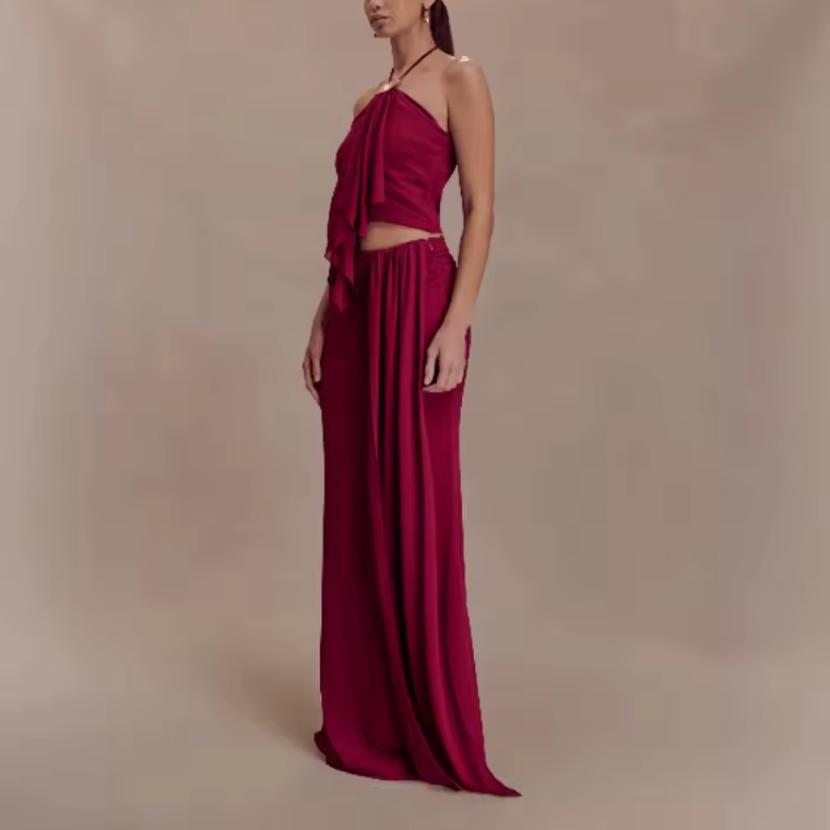 Conjunto Halter Vino Falda Larga (Ref. 1019)