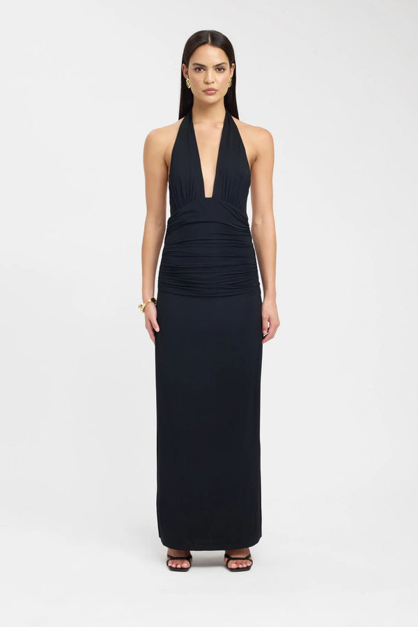 Vestido Maxi Halter Negro Fruncido